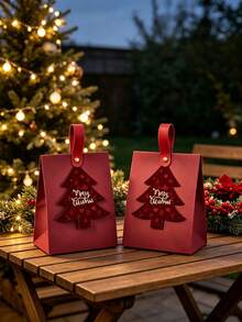 1/10pcs Burgundy Christmas Tree Shaped Gift Box, 'Merry Christmas' Decorative Tag, Leather Handle Holiday Gift Packaging Box - A - View 6