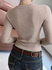 Minimalist U-Neck Long Sleeve Fitted Slimming Versatile Knit Sweater - Khaki - View 3