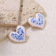 2pcs/6pcs Vintage Oil Painting Blue And White Porcelain Bow Earrings, Fashion Enamel Ribbon Earrings For Women - Multicolor - View 16