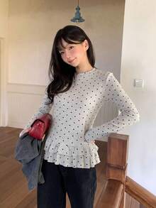 Atasan Kaos Wanita Lengan Panjang Ruffle Leher Bulat Motif Polkadot Musim Gugur Minimalis Manis Gaya Prancis - Light Grey - View 1