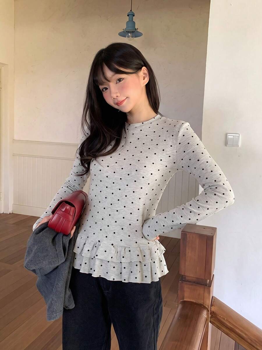 Atasan Kaos Wanita Lengan Panjang Ruffle Leher Bulat Motif Polkadot Musim Gugur Minimalis Manis Gaya Prancis - Light Grey - View 1