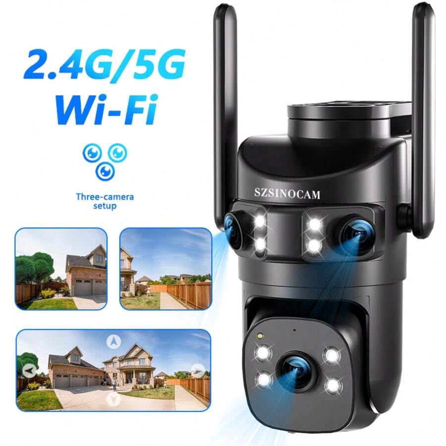 szsinocam 1 buah Kamera PTZ WiFi Tiga Lensa 1920P, Kamera Nirkabel Dual-Band 2.4G & 5G, Rotasi 360°, Pelacakan Manusia AI, Penglihatan Malam Berwarna, Audio Dua Arah, Didukung USB, TIDAK Termasuk Baterai & Panel Surya - Hitam - View 1