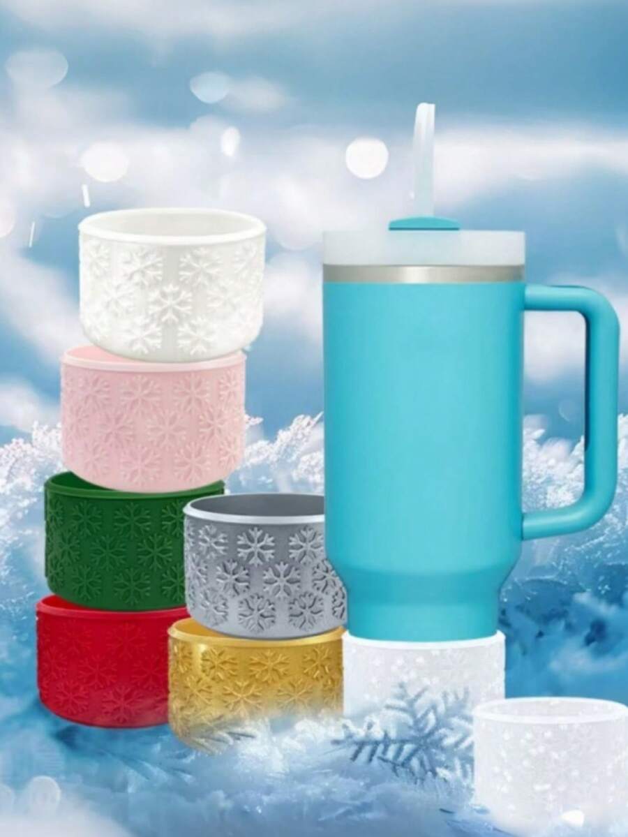 2pcs Snowflake Pattern Non-Slip Silicone Bottom Boots, Portable, Durable, Perfect Cup Accessory, Silicone Cup Bottom Sleeve, Silicone Cup Bottom Boots, Non-Slip, Anti-Breakage Bottom Protector, Christmas Gift - Multicolor - View 1