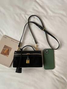 1件女款時尚斜挎包，純色方形手提包，盒型包，PU皮革編織紋理布料，拉鍊開口，可調節肩帶，休閒日常包，適合年輕女性－旅行、工作、購物、約會、禮物、辦公室 - 黑色 - 查看 7
