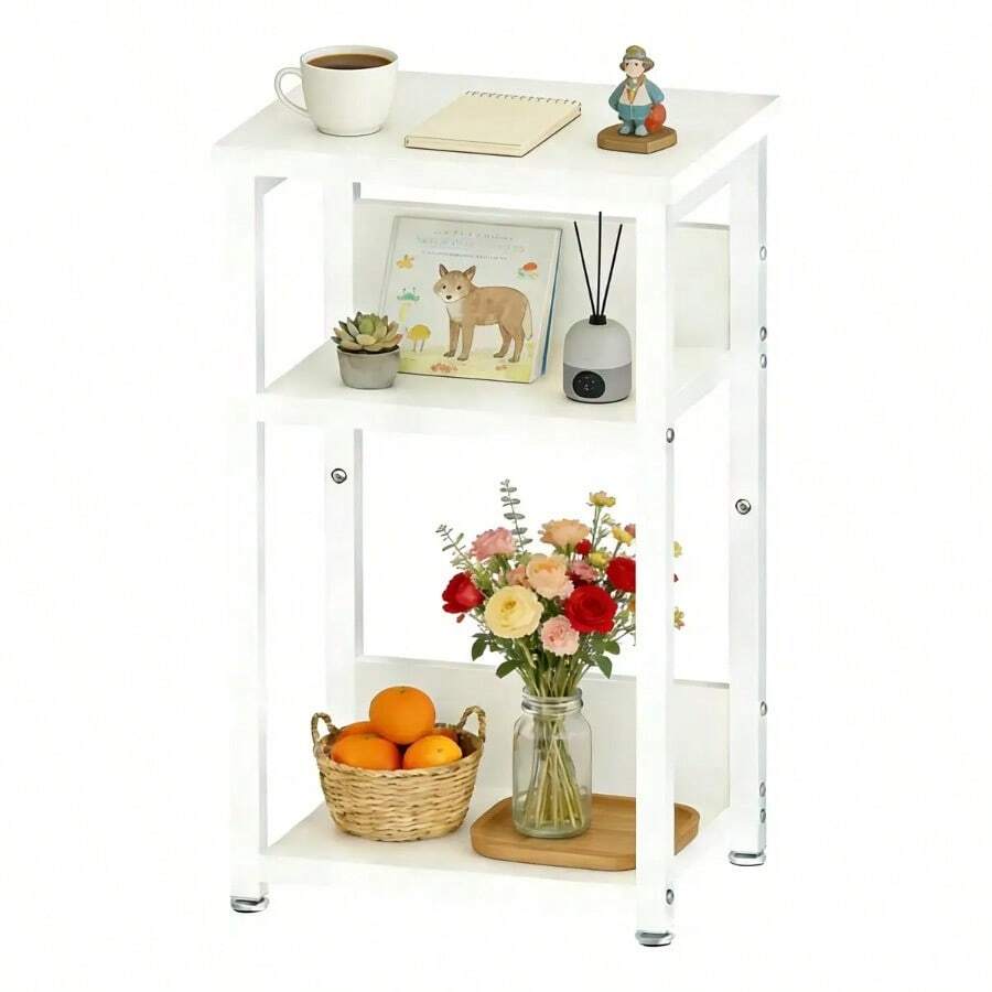 Mesa Auxiliar de 3 Niveles con Estantes de Almacenamiento, Mesa de Noche Multifuncional para Recámara, Sala, Sofá y Hogar - Blanco - Ver 1