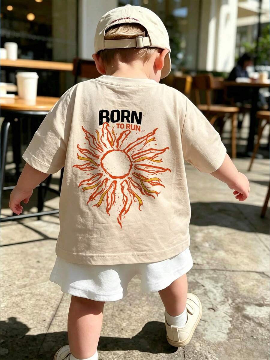 Baby Boy Street Style T-Shirt, "Sleeping In The Sunshine" Sun Print Short Sleeve Top, Soft, Suitable For Daily Play And Outdoor Activities - Apricot - View 1