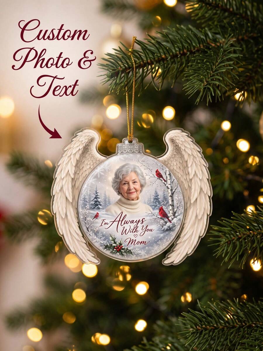 1pc Custom Photo And Text Angel Wings Memorial Christmas Ornament, Personalized Remembrance Keepsake For Lost Loved One, Xmas Tree Decoration Sympathy Gift - Multicolor - View 1