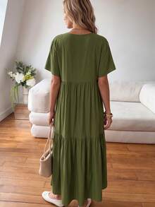Women's Solid Color Minimalist Short Sleeve Dress Elegant Summer - Army Green - View 2