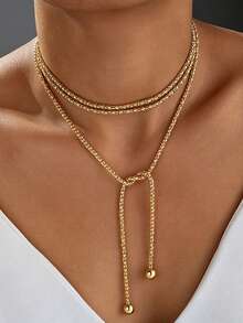 1pc Adjustable Pull Y-Shaped Necklace, European And American Niche Style, Sparkling Corn Chain With Personalized Knot, Tassel And Small Gold Ball Clavicle Chain - Gold - View 1