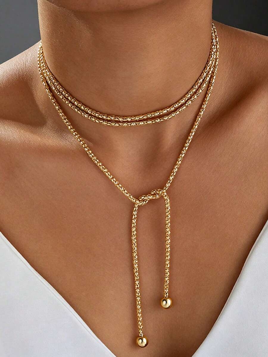 1pc Adjustable Pull Y-Shaped Necklace, European And American Niche Style, Sparkling Corn Chain With Personalized Knot, Tassel And Small Gold Ball Clavicle Chain - Gold - View 1