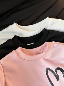 Autumn/Winter Baby Girl 3 Pieces Heart Print Bodysuit Set, Black White Pink Long Sleeve Romper Outfit - Multicolor - View 3