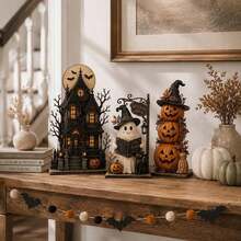 3pcs Haunted House Ghost Pumpkin Decor, Vintage Wooden Halloween Decoration, Quirky Multi-Layer Tray Tabletop Display, Autumn Home Gift - A - View 6