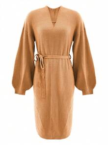 Women's Autumn/Winter Solid Color Tie-Front Ribbed Dropped Shoulder Lantern Sleeve Loose Mid-Length Knit Cardigan - Camel - View 6