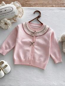 Cardigan Rajut Bayi Perempuan, Warna Pink Muda dengan Kerah Berenda Dua Lapis, Atasan Bergaris dengan Pita dan Kancing Depan Tunggal - Berwarna merah muda - View 2