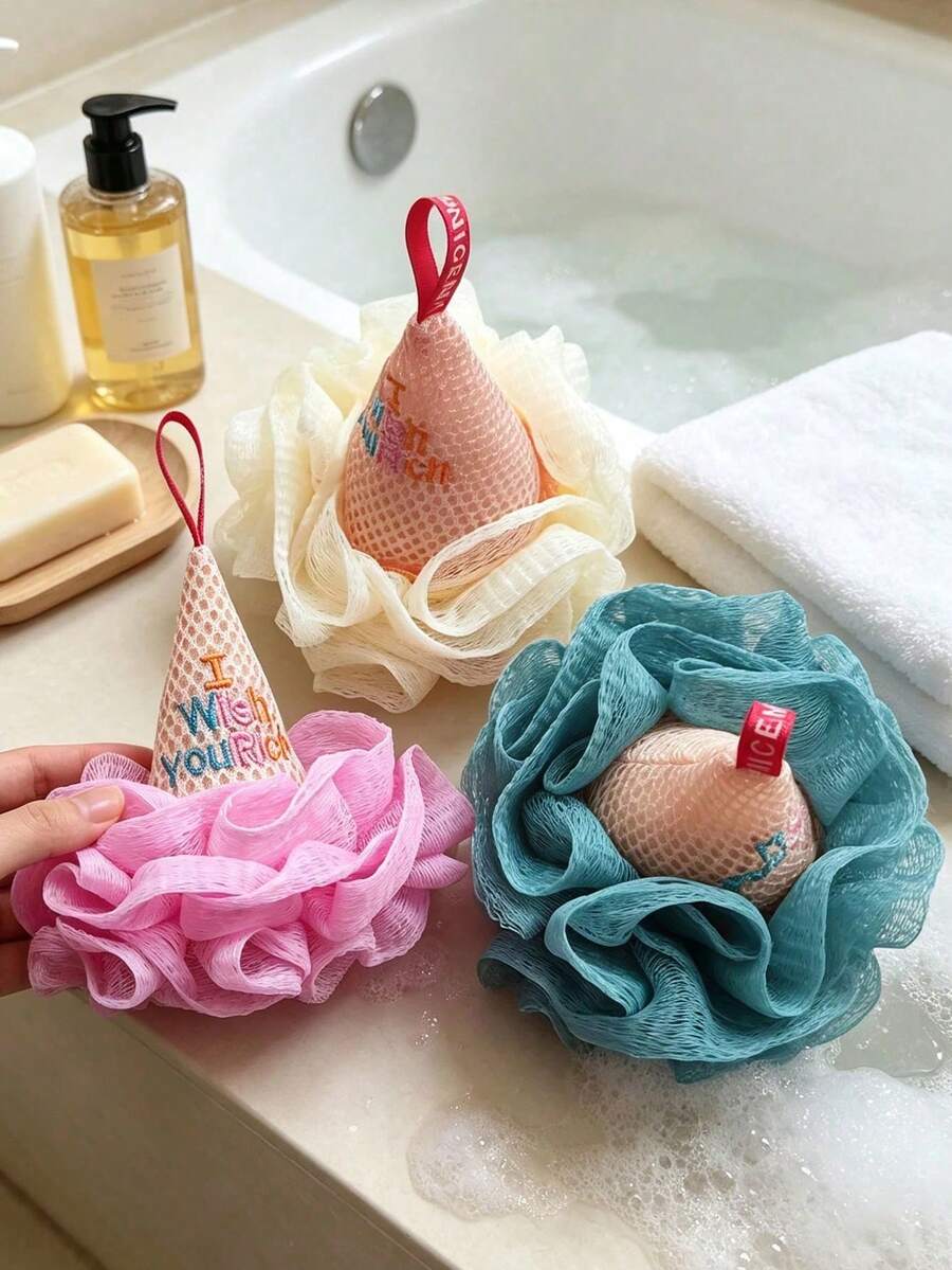 1pc Cute Ice Cream Bath Pouf, Mesh Shower Sponge, Foaming Body Scrubber For Daily Bathing - Multicolor - View 1