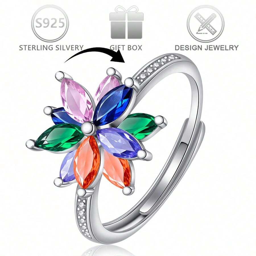 1pc 925 Sterling Silver Jewelry, Exquisite Design, Inlaid With Various Colors Of Cubic Zirconia Gemstones, Flower-Shaped, With Rotating Function - Silver - View 1
