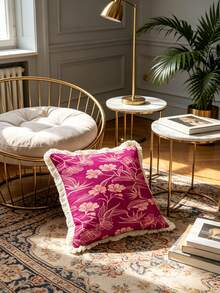 1pc Bohemian Floral Print Tassel Edge Pillowcase, Double-Sided Decorative Pillowcase, Rose Pink Floral Pattern, Home Decor, For Sofa, Bed, Bedroom (Pillow Insert Not Included) - Size Excluding 3cm Tassel - Multicolor - View 7