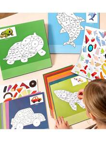 Kids Quiet Activity Sticker Kit Ages 3+ - 3D DIY Collage Craft With Animal & Vehicle Patterns | Travel Busy Toy For Fine Motor Skills - Multicolor - View 1
