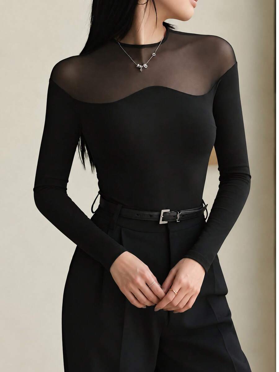 Women's Black Knitted Long Sleeve Top, Mesh Patchwork Semi-Sheer Design, Fashion Slim Fit Autumn Style - Black - View 1