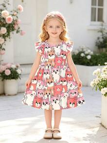 Girls' Cute Cat Print Casual Dress, Ruffle Sleeves, A-Line Skirt, Suitable For Vacation & Daily Wear In Summer, Girls Dress - Pink - View 2