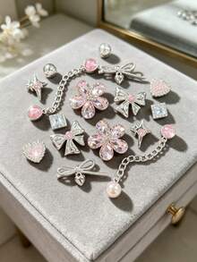 16/14pcs Silver Base Pink Rhinestone Chain Shoe Charms, Bow Heart Four-Point Star Flower Detachable DIY Accessories, Fit Perforated Sandals And Slippers, Holiday Gift - Multicolor - View 2