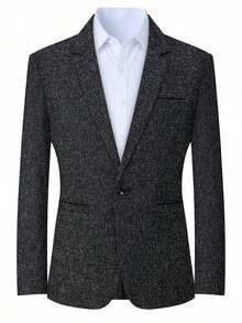 1pc Men's Solid Color Old Money Style British-American Cardigan Blazer Jacket, Formal For Banquet, Birthday, Wedding, Spring/Autumn/Winter, With Pockets, Jacket Only, White Shirt Not Included - Black - View 1