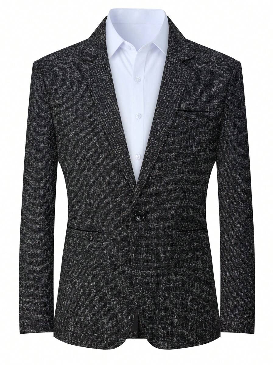 1pc Men's Solid Color Old Money Style British-American Cardigan Blazer Jacket, Formal For Banquet, Birthday, Wedding, Spring/Autumn/Winter, With Pockets, Jacket Only, White Shirt Not Included - Black - View 1