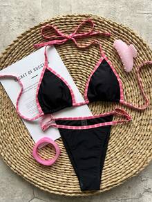 女款時尚優雅黑色泳衣套裝，適合夏季，完美適配春夏海灘度假、海邊活動與度假穿搭 - 黑色 - 查看 3