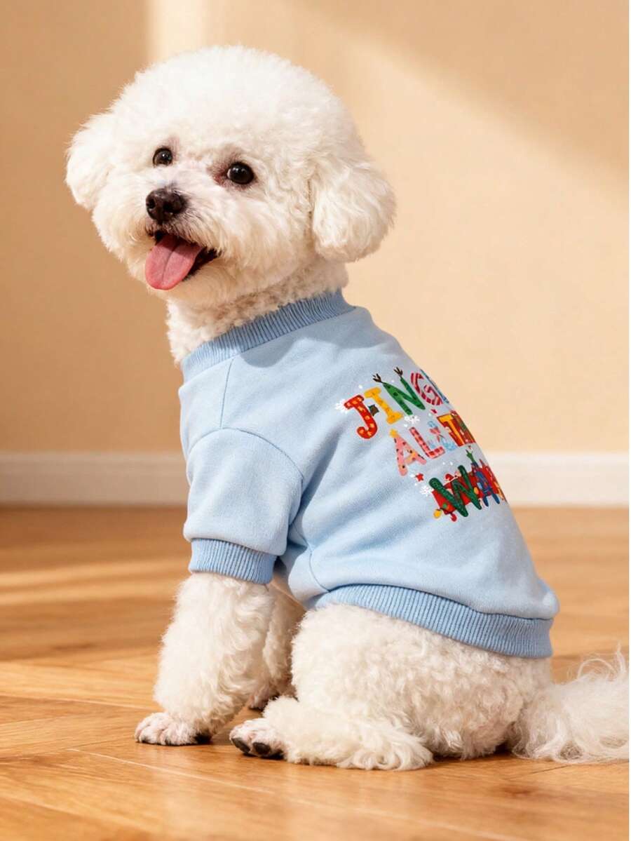 LUCKIE PAL 1pc Christmas Jingle All The Way Letter Print Pet Sweatshirt, Anti-Flea, Reduces Shedding, Warm & Breathable, Suitable For Small & Large Dogs And Cats, Indoor & Outdoor Use - Grey - View 1
