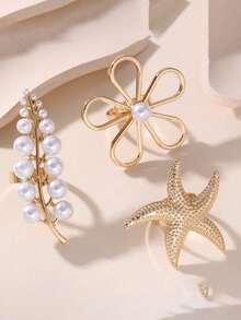 1pc Fashion Exaggerated Metal Women's Ring, Summer Ocean Vacation Style, Faux Pearl Opalesca Ring Jewelry - Multicolor - View 2
