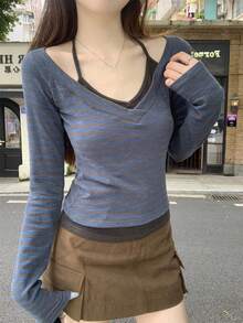 Women's Autumn Korean-Japanese Style Colorblock 2 In 1 Striped Halter V-Neck Slim Fit Long Sleeve Base Layer T-Shirt Top - Blue-grey Stripes - View 3