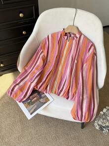 GMFP Women's Multi-Color Vertical Striped Stand Collar Short Zip-Up Jacket, Contrast Design Casual Vacation Style Top - Hot Pink - View 5
