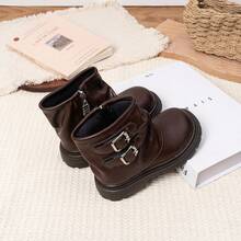 Fashion Kids Side‑Zip Thick‑Sole Ankle Boots With Double Buckle Detail For Everyday Matching - Brown - View 5