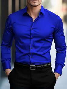 Camisa de hombre negra de invierno básica casual de negocios para oficina con cuello alto, unicolor, botones y manga larga, camisa formal estilo - Púrpura malva - Ver 10