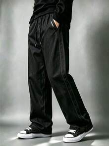 Men's Vintage Washed Distressed Wide Leg Denim Jeans, Loose Fit Straight Leg Drape Floor Length Pants With Elastic Waist And Double Drawstring Design, Streetwear Slouchy Versatile Casual Everyday Outing Long Pants - Black - View 8
