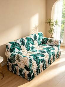 1pc Tropical Banana Leaf Southeast Asian Style Ruffled Sofa Cover Geometric Pattern Printed Living Room Elastic Spandex Sofa Protector Full Cover For L-Shaped Chaise Lounge Sofa Cushion 1/2/3/4 Seater - Multicolor - View 5
