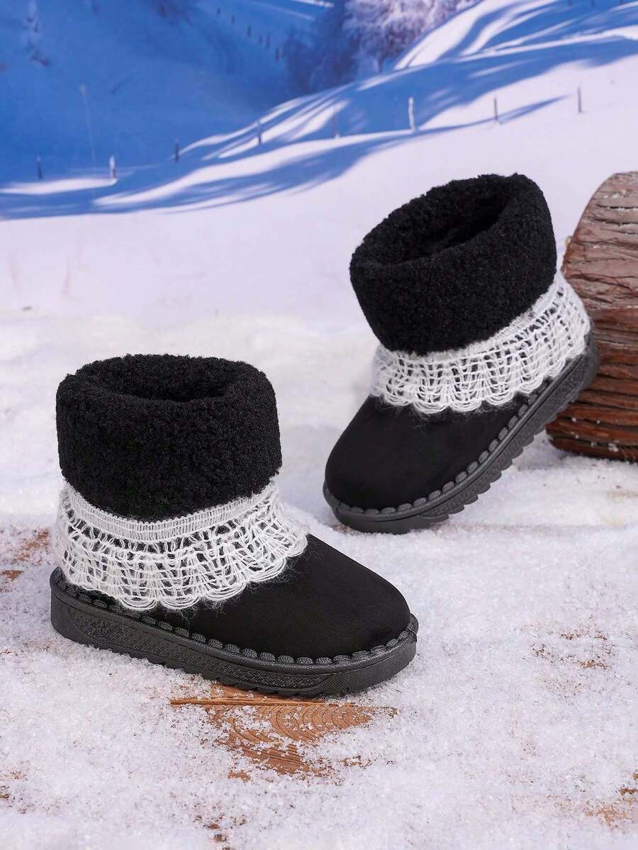 Boys And Girls High-Top Fleece-Lined Ankle Boots; Children's Warm Snow Boots; Soft Sole Non-Slip Fashionable Short Boots - Black - View 1