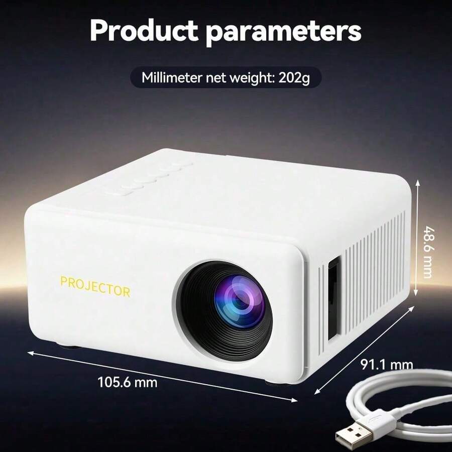 Portable Home Projector, Native 720P HD, Supports 1080P, USB Plug And Play Connection, Comes With Remote Control, Compatible With Smartphones, Tablets, Laptops And LCD Screens, Suitable For Home Movie Night And Indoor Entertainment - White - View 1