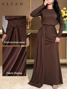 ALIAO Long Sleeve Ribbon Elegant Women's Dress, Suitable For Daily, Dating, Holiday, Wedding Guest, Party, Autumn/Winter Wear - Coffee Brown - View 5