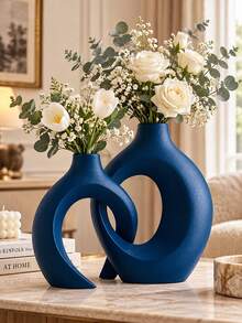 Blue Anti-Flower Vase For Modern Home Decor - Matte "Embrace" Shaped Hollow Vase (2pcs Set), Suitable For Dining Table Center, Office Bookshelf Or Living Room - Multicolor - View 1