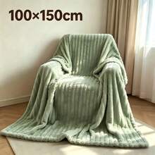 1pc Luxury Double-Sided Faux Rabbit Fur Blanket - Comfortable Striped Flannel, Soft & Warm, Suitable For Nap, Office, Camping, Sofa - Multi-Functional Polyester Bed Cover, Christmas Gift - Light Green - View 9