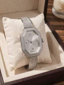 Swarovski 1 buah Jam Tangan Quartz Segi Delapan Warna Perak dengan Tali Paduan Seng Bertatahkan Berlian Imitasi Kaca, Jam Tangan Elegan untuk Wanita, Cocok untuk Pesta dan Penggunaan Sehari-hari - Putih - View 1