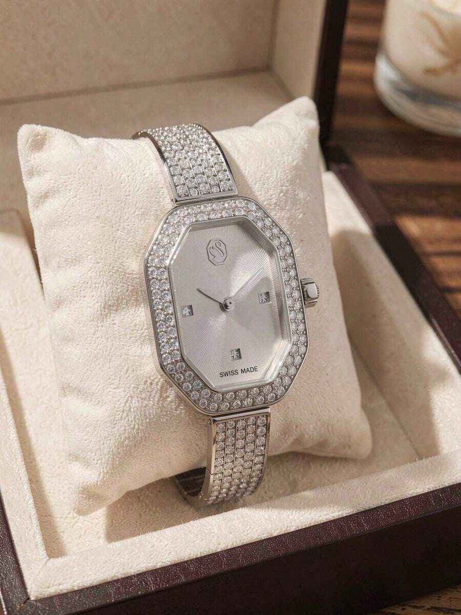 Swarovski 1 buah Jam Tangan Quartz Segi Delapan Warna Perak dengan Tali Paduan Seng Bertatahkan Berlian Imitasi Kaca, Jam Tangan Elegan untuk Wanita, Cocok untuk Pesta dan Penggunaan Sehari-hari - Putih - View 1