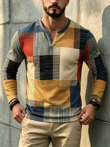 Men's Vintage Plaid Patchwork Henley Collar Long Sleeve T-Shirt, Colorblock Notch Neck Casual Top - Multicolor - View 2