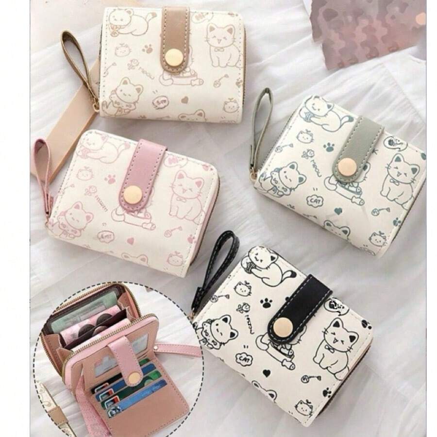 Ví mini nữ họa tiết mèo dễ thương, ví đựng tiền xu khóa kéo nhỏ gọn với nhiều ngăn thẻ và dây đeo cổ tay, nhẹ và tiện lợi, đựng được tiền mặt, thẻ ID và tiền xu, ví ngắn dung tích lớn, ví đựng tiền xu da nhân tạo thời trang dễ thương, phù hợp dùng hàng ngày, đi làm, quà tặng lý tưởng cho bạn bè và gia đình