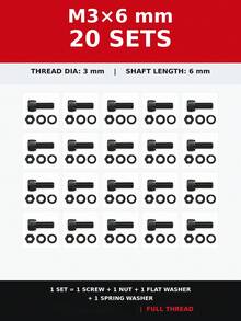 10/20/50 Set Baut Kepala Soket Heksagonal M3/M4 dengan Mur, Ring Pipih & Ring Pegas, Baut Metrik Berulir Penuh Warna Hitam, Berbagai Panjang 6–20mm untuk DIY, Furnitur, Mesin & Perbaikan Rumah - 20 Set - View 12