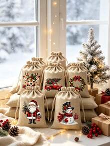 5pcs/1pc Christmas Burlap Gift Bags, Drawstring Closure With Hemp Rope, Suitable For Christmas Party Favors, Birthday Gifts, Christmas Tree Decoration, Christmas, New Year, Wedding, Birthday, Baptism, Fireplace Decoration - A - View 4