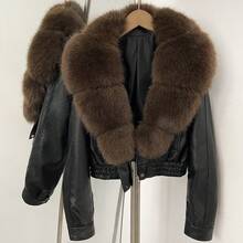 OFTBUY Women's Faux Leather Short Jacket, Oversized Faux Fur Collar, Zipper Closure, Elastic Hem, Long Sleeve Motorcycle Style Outerwear, Autumn/Winter - Black Coffee - View 4