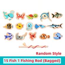 Wooden Children's Ocean Fishing Toy, Baby Early Education Puzzle Cartoon Fun Magnetic Marine Biology Cognitive Simulation Fishing Set (15 Bags Of Small Fish Randomly Assigned) - Multicolor - View 9