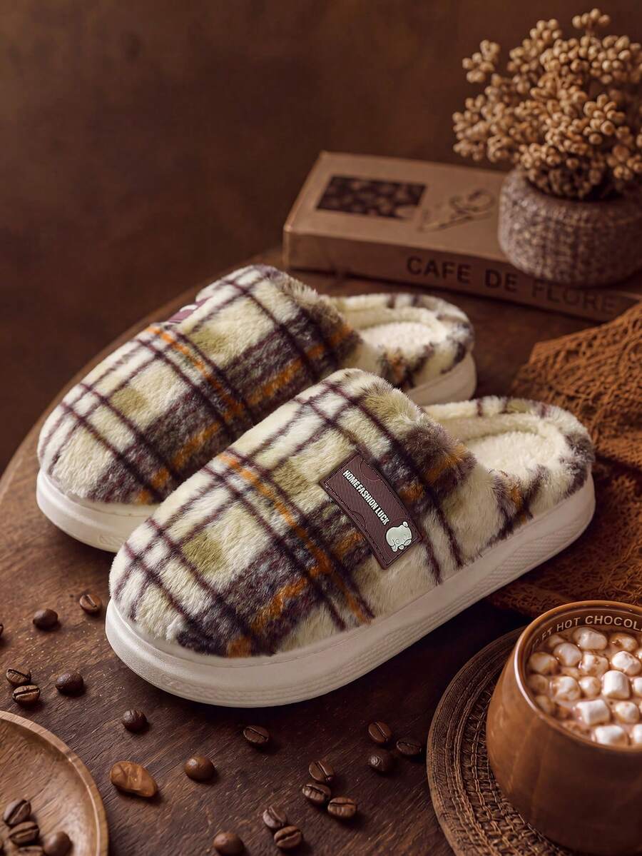 Vintage Plaid Men's Winter Plush Slippers, Comfortable Warm Unisex Indoor Slippers